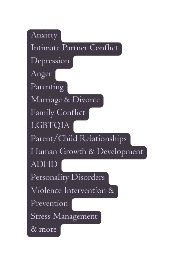 Anxiety Intimate Partner Conflict Depression Anger Parenting Marriage Divorce Family Conflict LGBTQIA Parent Child Relationships Human Growth Development ADHD Personality Disorders Violence Intervention Prevention Stress Management more